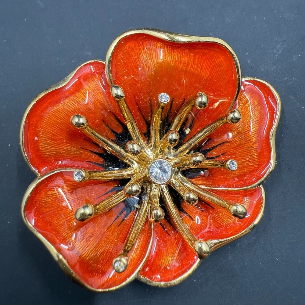 🌺 Vintage Monet Red Poppy Flower Brooch 1.5" Gold Tone Rhinestone Pin Signed 🌟